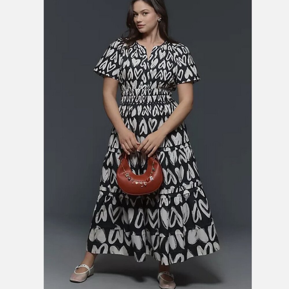 Anthropologie The Somerset Maxi Dress Cotton Tiered Hearts Heart Print 1X NWT